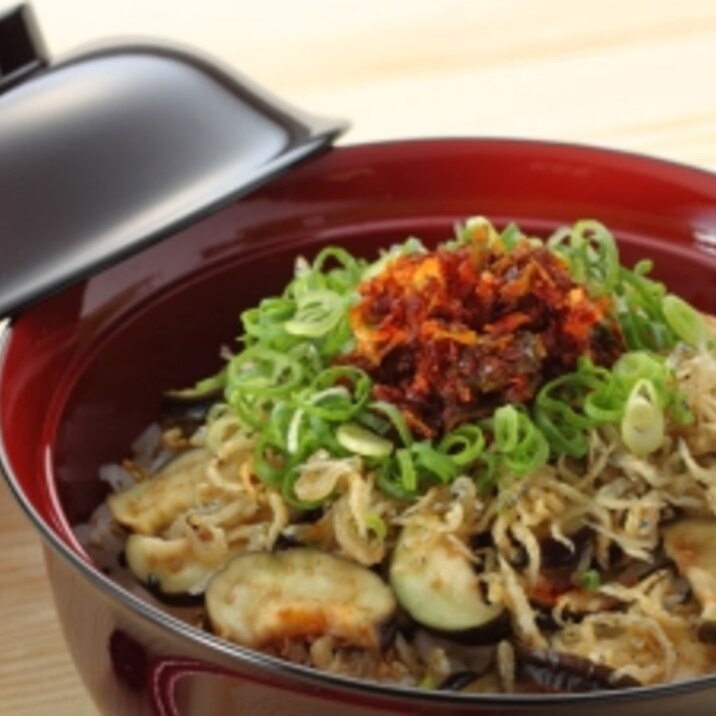 茄子とカリッカリのちりめん丼　食べるラー油をのせて